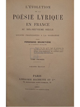 Ferdinand Brunetiere - L'evolution de la poesie lyrique en france au dix-neuvieme siecle - 1913 - Cartonata