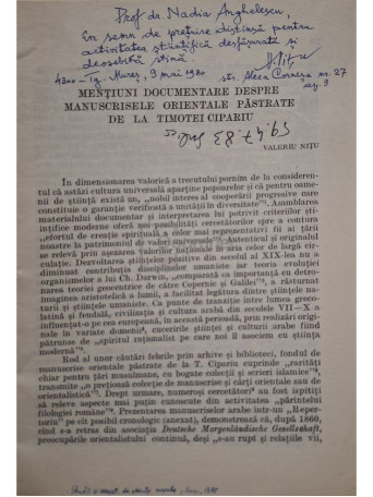 Mentiuni documentare despre manuscrisele Orientale pastrate de la Timotei Cipariu (semnata) - 1980 - Brosata