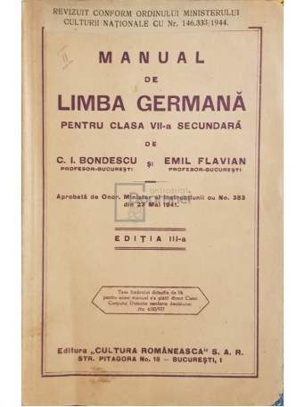 C. I. Bondescu - Manual de limba germana pentru clasa a VII-a secundara - 1941 - Brosata