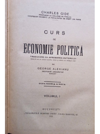 Charles Gide - Curs de economie politica, vol. 1 - 1921 - Cartonata