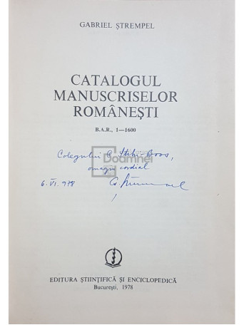 Catalogul manuscriselor romanesti, vol. 1 (dedicatie)