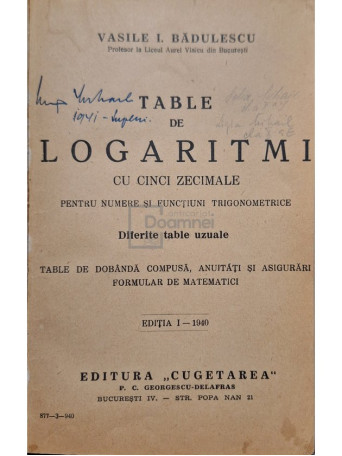 Table de logaritmi cu cinci zecimale pentru numere si functiuni trigonometrice, editia I