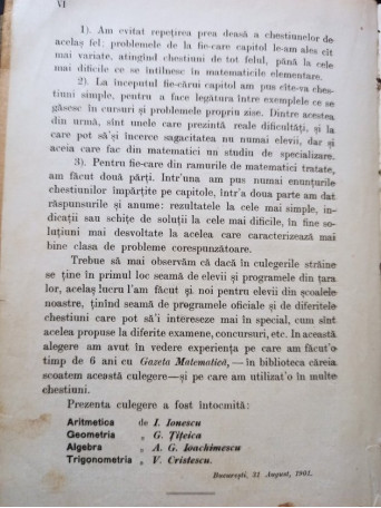 Culegere de probleme de aritmetica, geometrie, algebra si trigonometrie