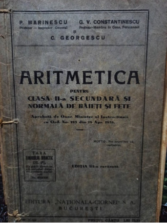 Aritmetica pentru clasa a IIa secundara si normala de baieti si fete