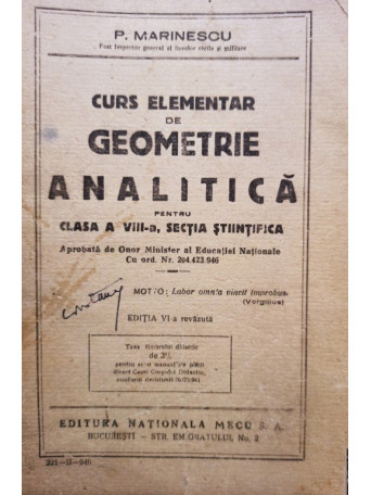 Curs elementar de geometrie analitica pentru clasa a VIIIa