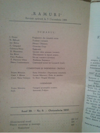 Ramuri - Revista literara anul 29, nr. 8 - Octombrie 1937