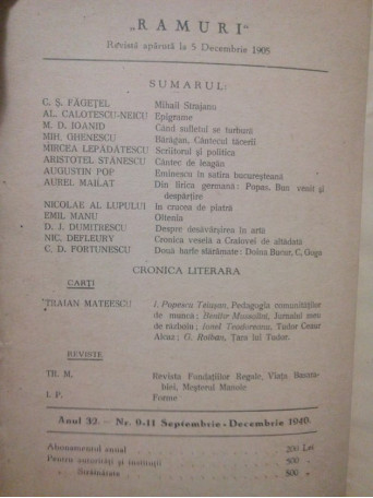 Ramuri - Revista literara anul 32, nr. 9 - 11, Septembrie - Decembrie 1940