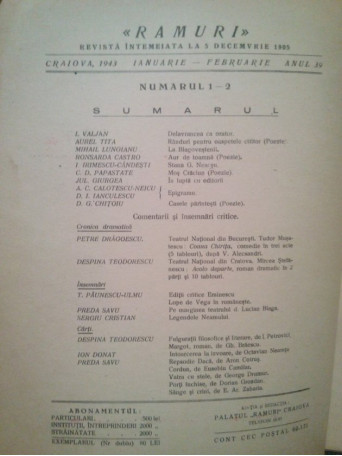 Ramuri - Revista literara anul al XXXIX-lea, nr. 1-2, Ianuarie - Februarie 1939