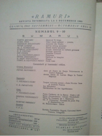 Ramuri - Revista literara anul al XXXVIII-lea, nr. 9-10, Septembrie - Octombrie 1942