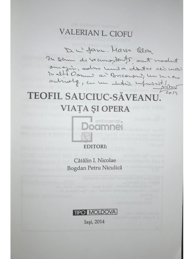 Teofil Sauciuc-Săveanu - Viața și opera (dedicație)