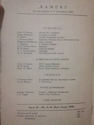 Ramuri - Revista literara anul 31, nr. 5 - 6, Mai - Iunie 1939