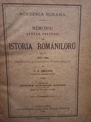 Memoriu asupra perioadei din istoria romaniloru de la 1774 1786