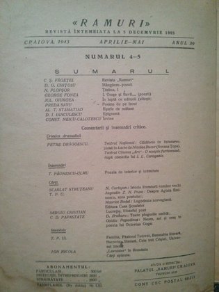 Ramuri - Revista literara anul al XXXIX-lea, nr. 4-5, Aprilie - Mai 1943