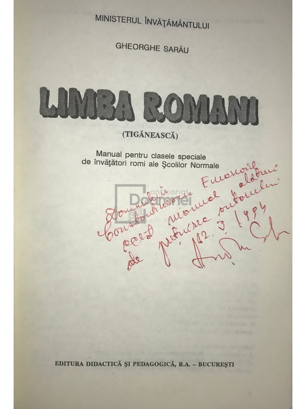 Limba romani - Manual pentru clasele de învățători romi (dedicație)