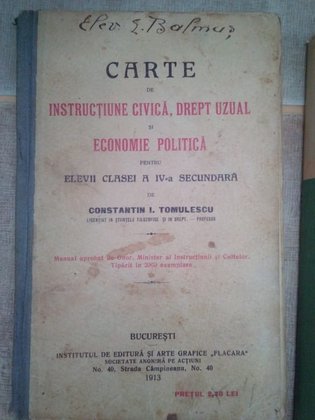 Carte de instructiune civica, drept uzual si economie politica pentru elevii clasei a IV