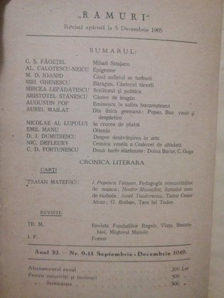 Ramuri - Revista literara anul 32, nr. 9 - 11, Septembrie - Decembrie 1940