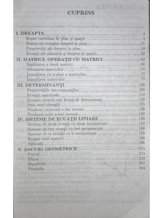 Matematica. Manual pentru clasa a XI-a vol. II. Elemente de algebra liniara si geometrie analitica