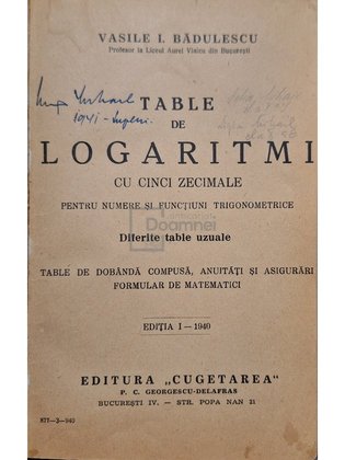 Table de logaritmi cu cinci zecimale pentru numere si functiuni trigonometrice, editia I